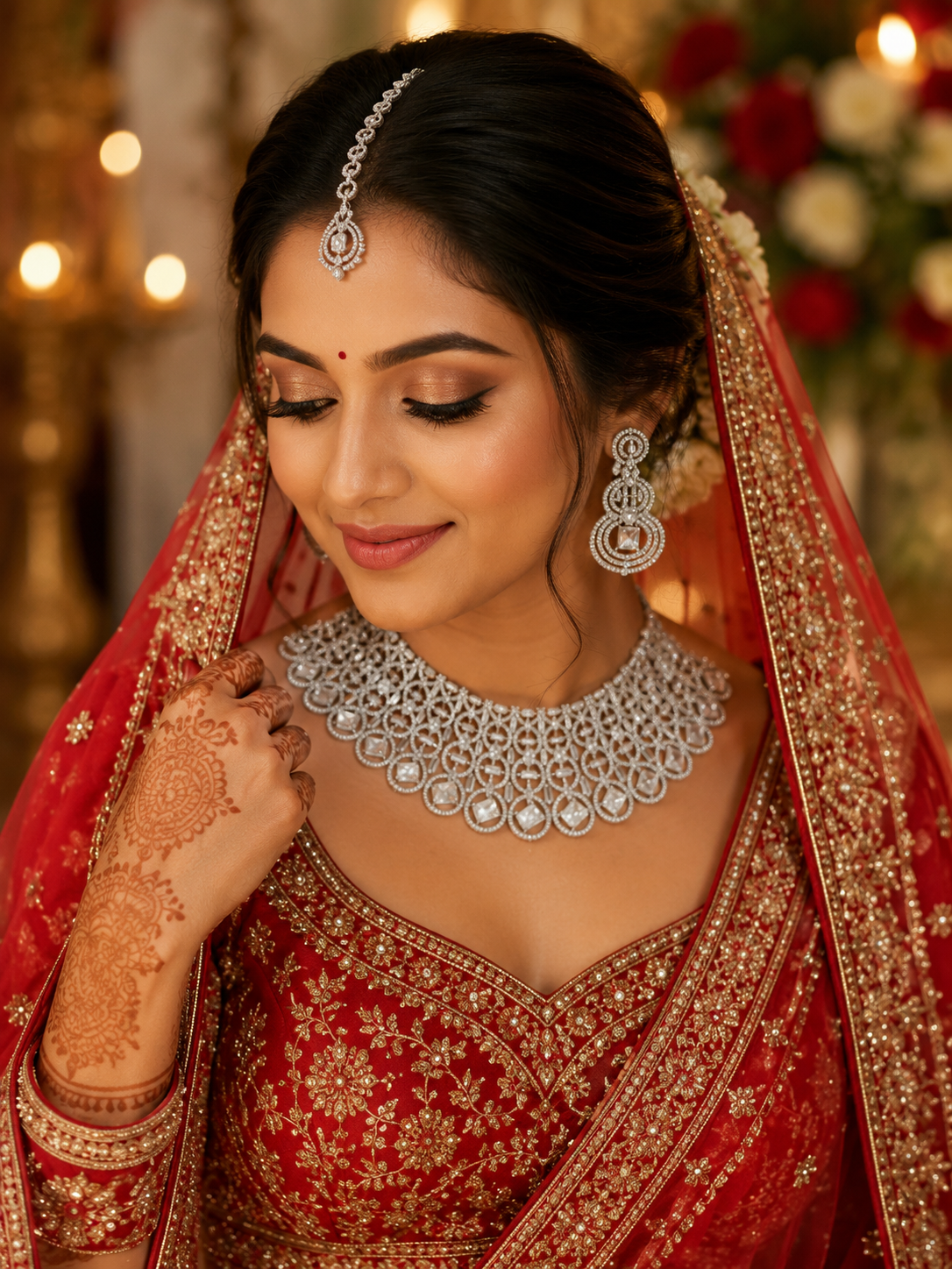 Silver-Tone American Diamond Bridal Choker Necklace Set with Earrings & Maang Tikka | Wedding Jewellery for Women