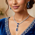 Blue Crystal Drop Pendant Necklace Set with Matching Earrings | Silver-Tone American Diamond Jewellery Set for Women