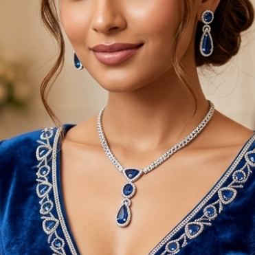 Blue Crystal Drop Pendant Necklace Set with Matching Earrings | Silver-Tone American Diamond Jewellery Set for Women