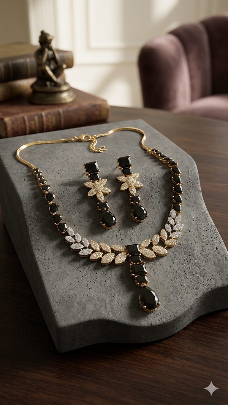 Elegance Redefined: Black and Gold Pave Leaf Jewelry Set with Teardrop Pendant - Miarah