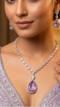 Lavender Crystal Teardrop Pendant Necklace Set with Earrings | Silver-Tone American Diamond Jewellery Set for Women