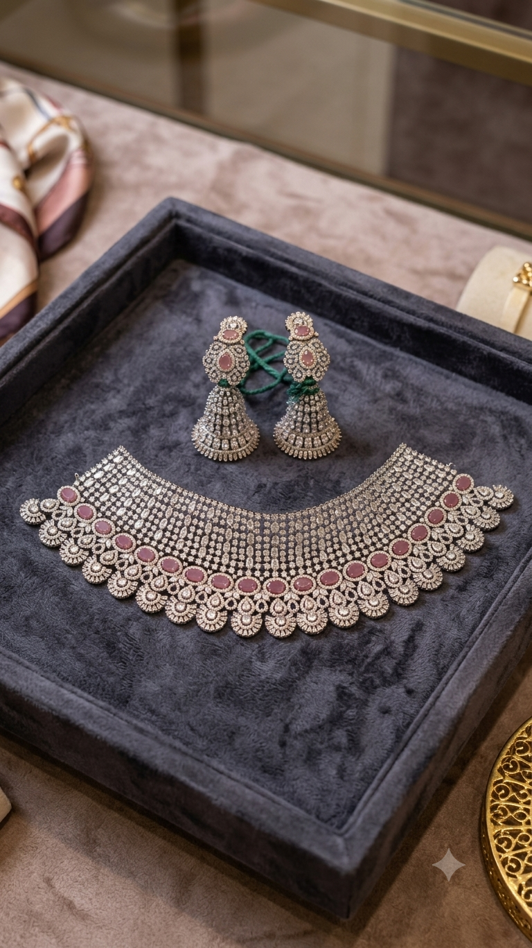 Grand Ruby-Pink & Cubic Zirconia Statement Choker Set with Matching Jhumkas
