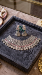 Grand Ruby-Pink & Cubic Zirconia Statement Choker Set with Matching Jhumkas