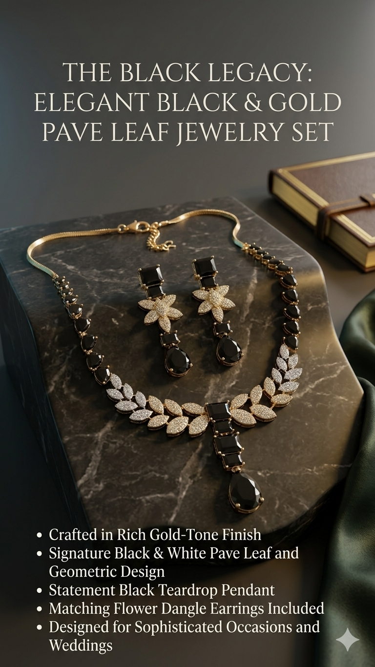 Elegance Redefined: Black and Gold Pave Leaf Jewelry Set with Teardrop Pendant