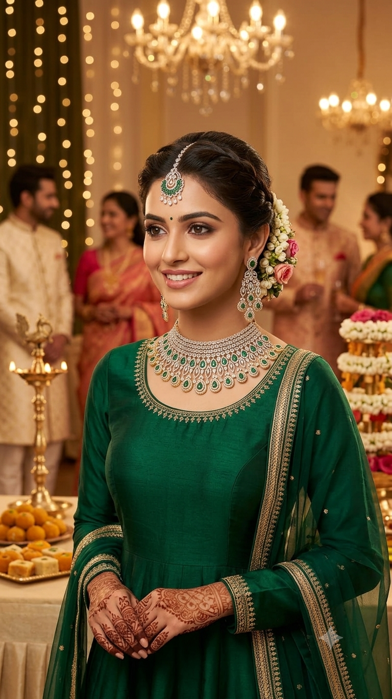 Royal Emerald-Green & Cubic Zirconia Grand Bridal Choker Set with Chandelier Earrings & Maang Tikka