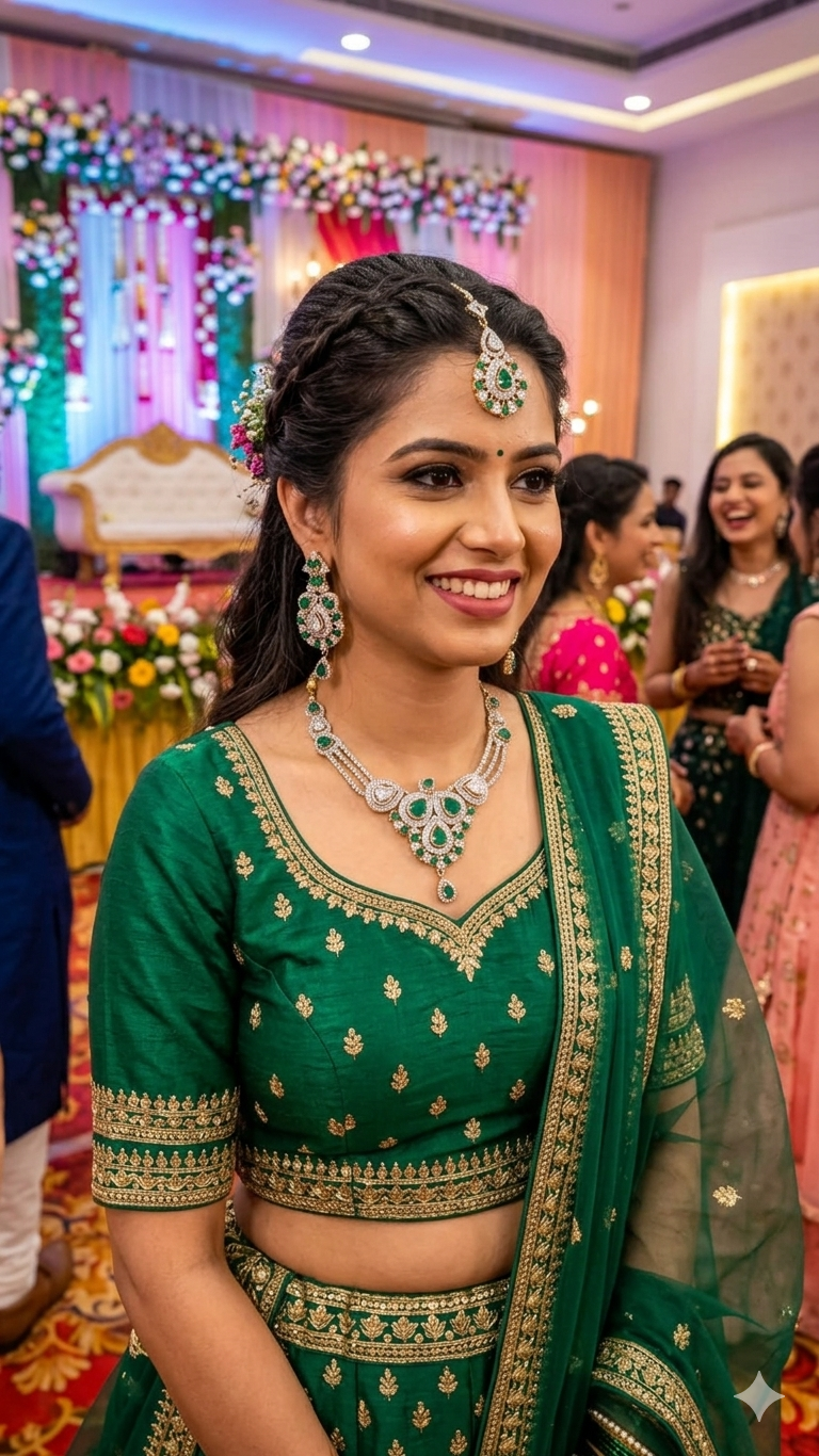 Royal Emerald Teardrop Bridal Necklace Set with Matching Earrings and Maang Tikka