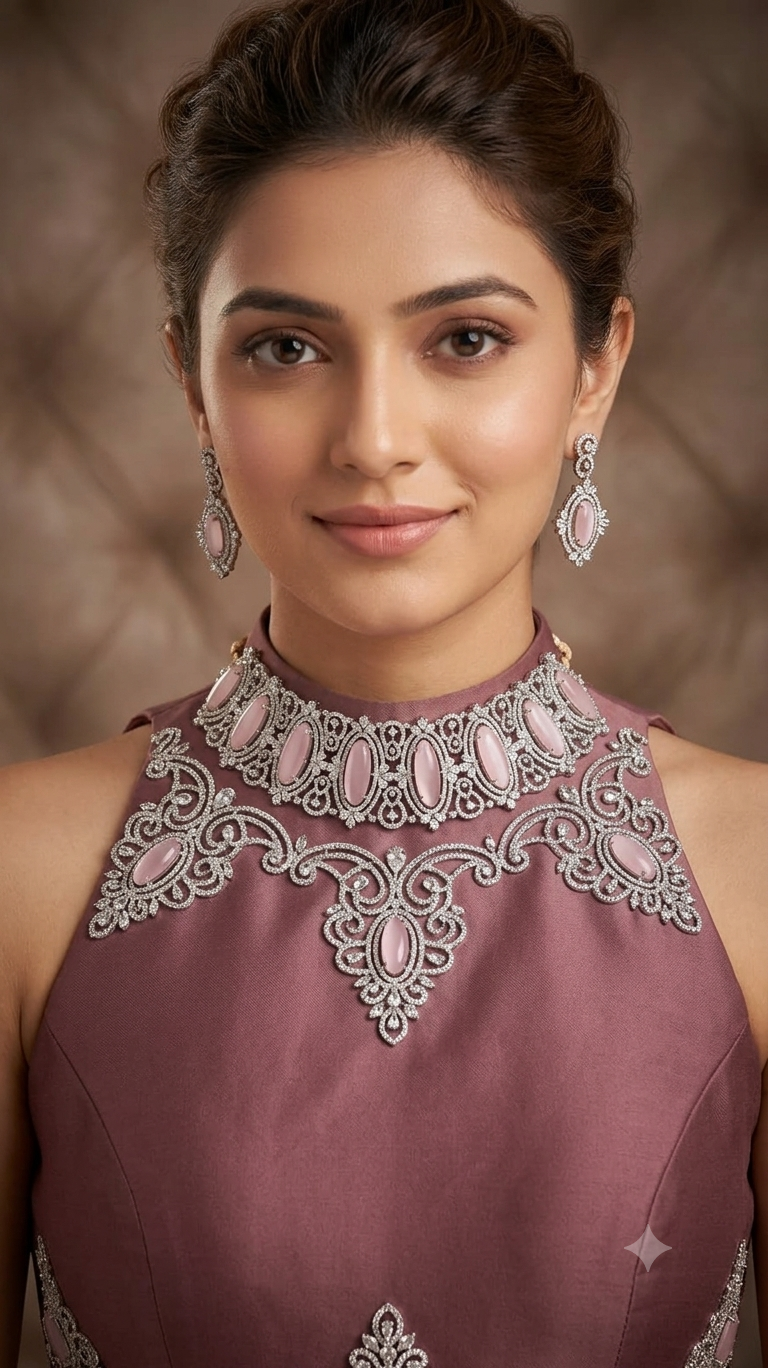 Rose Quartz & Marquise Crystal Choker Set with Matching Drop Earrings