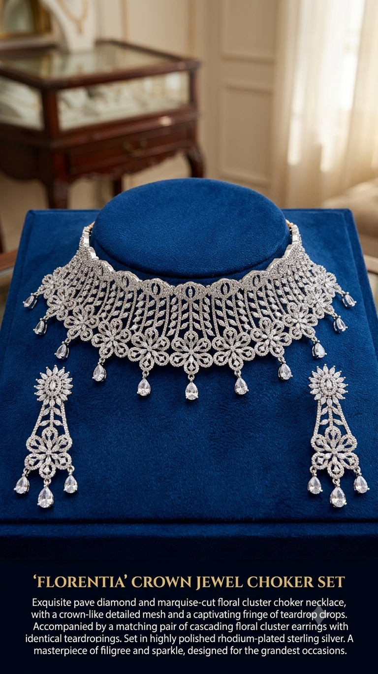 Florentia Royal Silver-Plated Intricate Floral Lace Bridal Choker Set with Cascading Statement Earrings