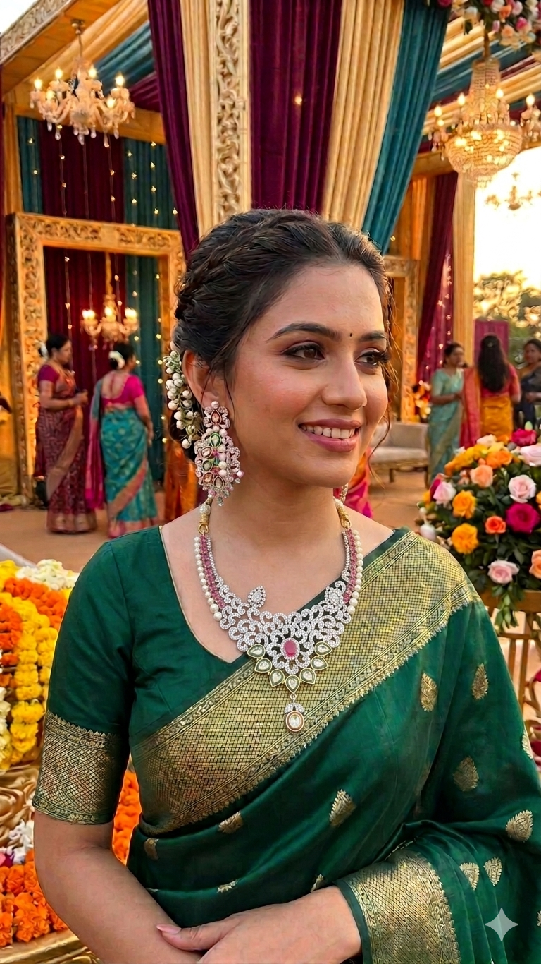 Indian Wedding Jewelry Set - Silver Plated American Diamond Choker Necklace with Pink Ruby, Green Enamel, and Pearl Details