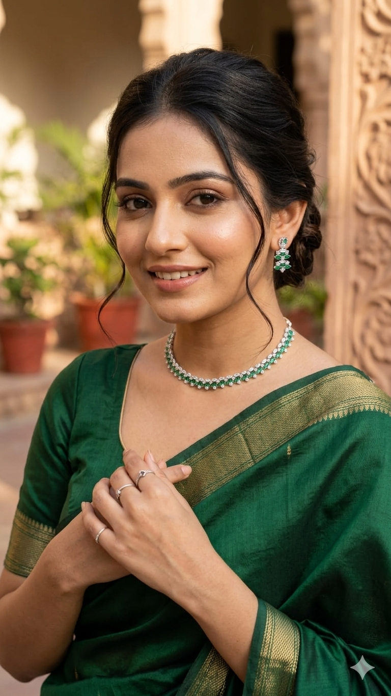 Green & Clear Stone Choker Necklace with Stud Earring