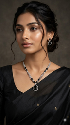 Silver Finish Pave Chain & Large Black Onyx Stone Pendant Necklace Set with Matching Stud Earrings for Stylish Sari Wear - Traditional yet Modern Party Set
