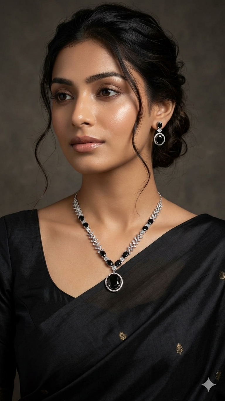 Silver Finish Pave Chain & Large Black Onyx Stone Pendant Necklace Set with Matching Stud Earrings for Stylish Sari Wear - Traditional yet Modern Party Set