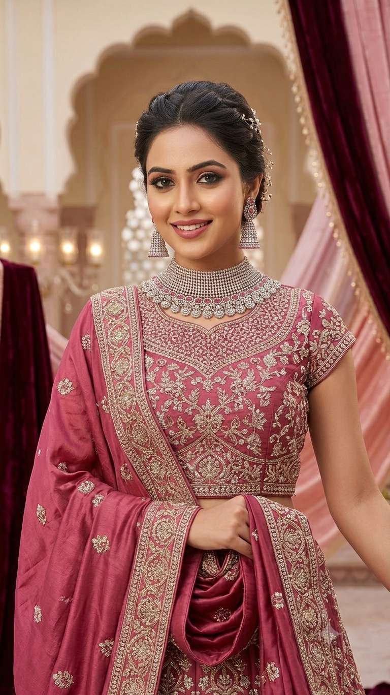 Grand Ruby-Pink & Cubic Zirconia Statement Choker Set with Matching Jhumkas