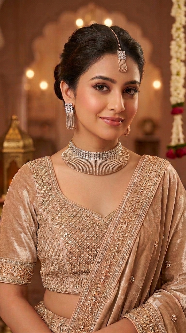 Rose Gold Tassel Choker Set with Baguette Crystal Crown & Matching Maang Tikka