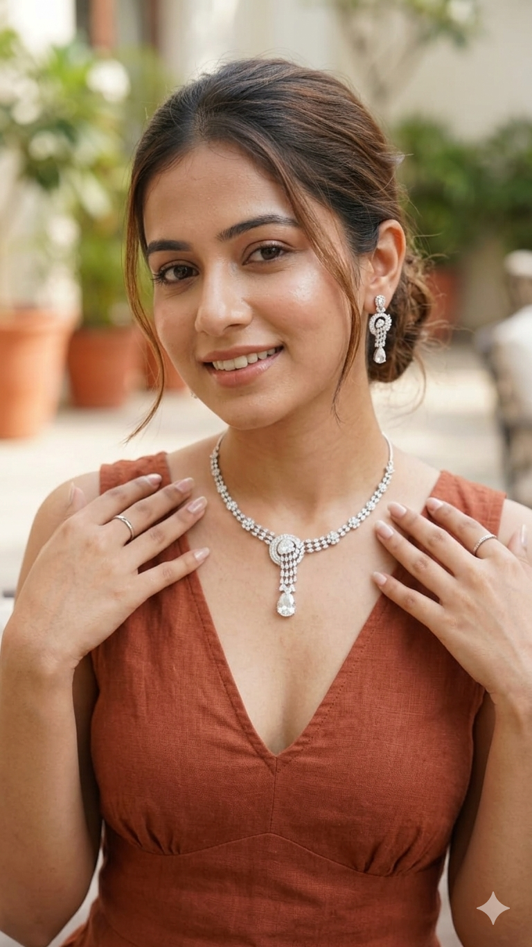 Teardrop CZ Diamond Necklace and Earring Set for Women