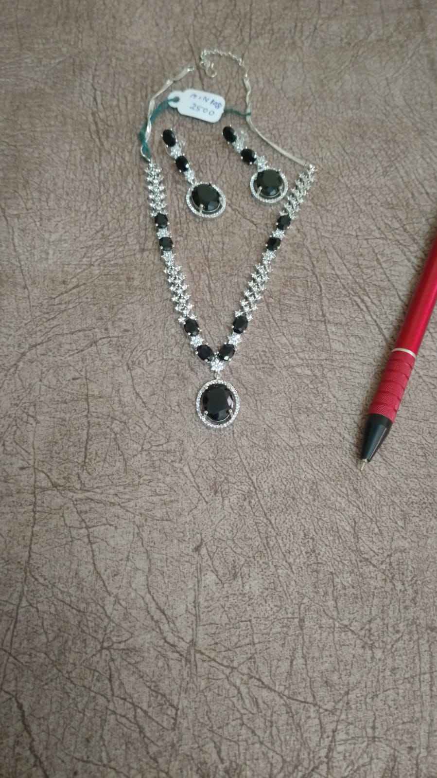 Silver Finish Pave Chain & Large Black Onyx Stone Pendant Necklace Set with Matching Stud Earrings for Stylish Sari Wear - Traditional yet Modern Party Set