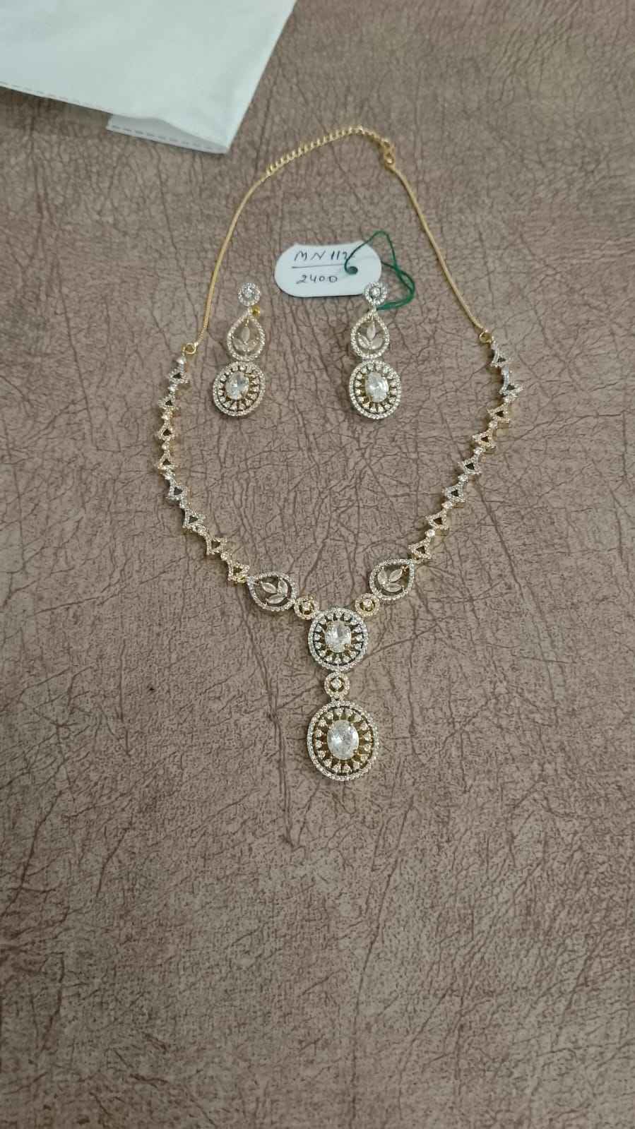 Premium Gold-Polish American Diamond Delicate Necklace & Earring Set