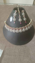 Delicate Ruby-Pink & American Diamond Teardrop Necklace Set with Matching Maang Tikka