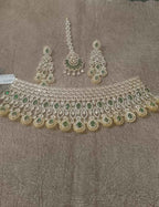 Royal Emerald-Green & Cubic Zirconia Grand Bridal Choker Set with Chandelier Earrings & Maang Tikka