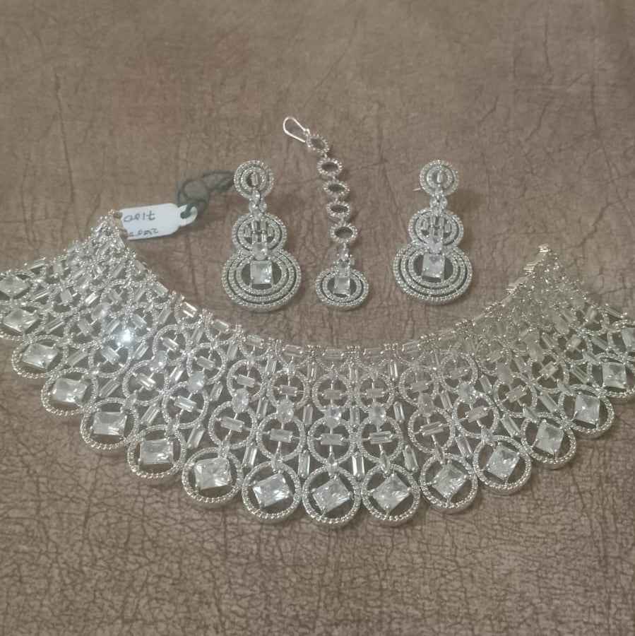 Silver-Tone American Diamond Bridal Choker Necklace Set with Earrings & Maang Tikka | Wedding Jewellery for Women