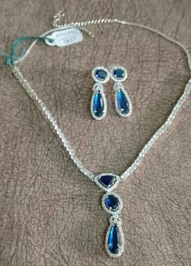 Blue Crystal Drop Pendant Necklace Set with Matching Earrings | Silver-Tone American Diamond Jewellery Set for Women
