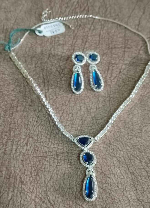 Blue Crystal Drop Pendant Necklace Set with Matching Earrings | Silver-Tone American Diamond Jewellery Set for Women