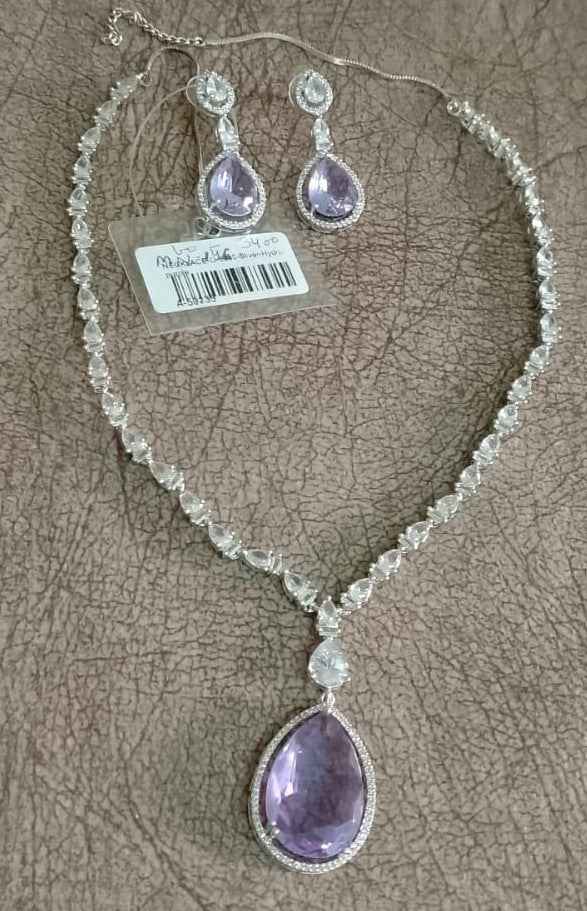 Lavender Crystal Teardrop Pendant Necklace Set with Earrings | Silver-Tone American Diamond Jewellery Set for Women