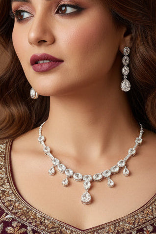 Elegant Crystal Drop Necklace Set with Earrings | Silver-Tone American Diamond Jewellery Set for Women