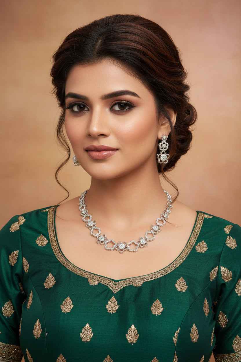 Floral American Diamond Necklace Set with Matching Earrings | Silver-Tone Flower Design Jewellery for Women