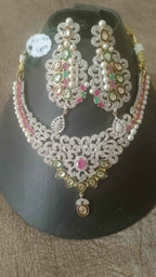 Indian Wedding Jewelry Set - Silver Plated American Diamond Choker Necklace with Pink Ruby, Green Enamel, and Pearl Details