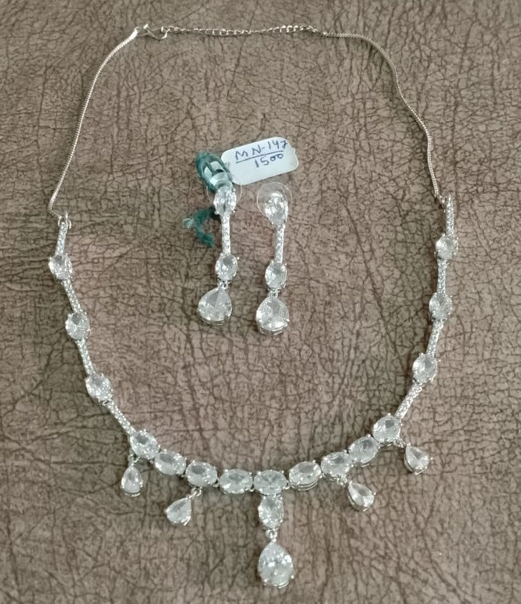 Elegant Crystal Drop Necklace Set with Earrings | Silver-Tone American Diamond Jewellery Set for Women