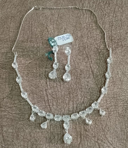 Elegant Crystal Drop Necklace Set with Earrings | Silver-Tone American Diamond Jewellery Set for Women
