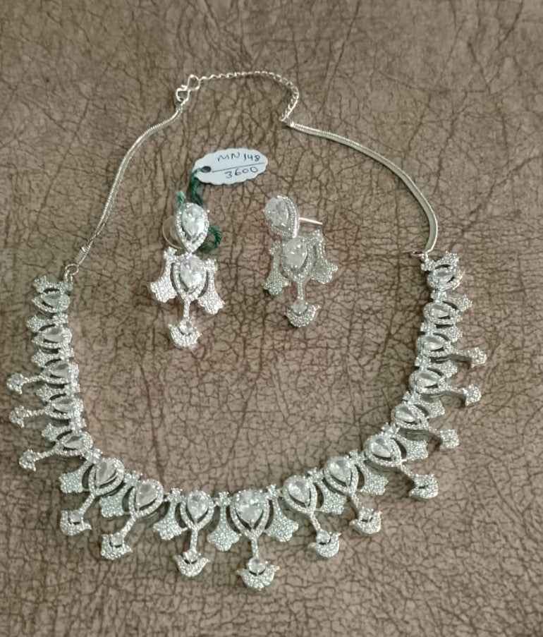 Silver-Tone Heart Motif American Diamond Necklace Set with Earrings | Elegant Party & Wedding Jewellery for Women