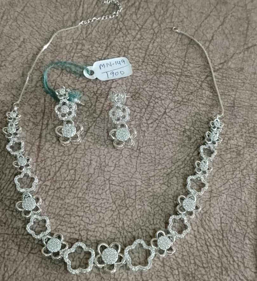 Floral American Diamond Necklace Set with Matching Earrings | Silver-Tone Flower Design Jewellery for Women