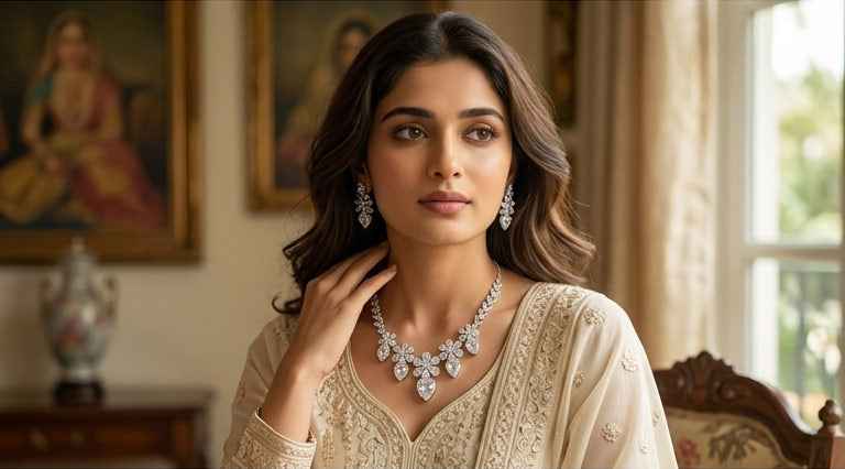 Floral Pear Shape CZ Diamond Necklace and Earring Set