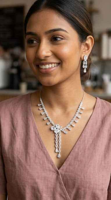 Bridal Long Pendant CZ Diamond Necklace and Earring Set