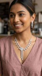 Bridal Long Pendant CZ Diamond Necklace and Earring Set