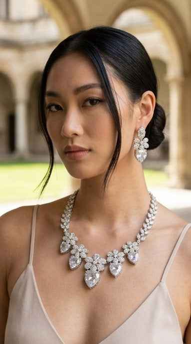 Floral Pear Shape CZ Diamond Necklace and Earring Set
